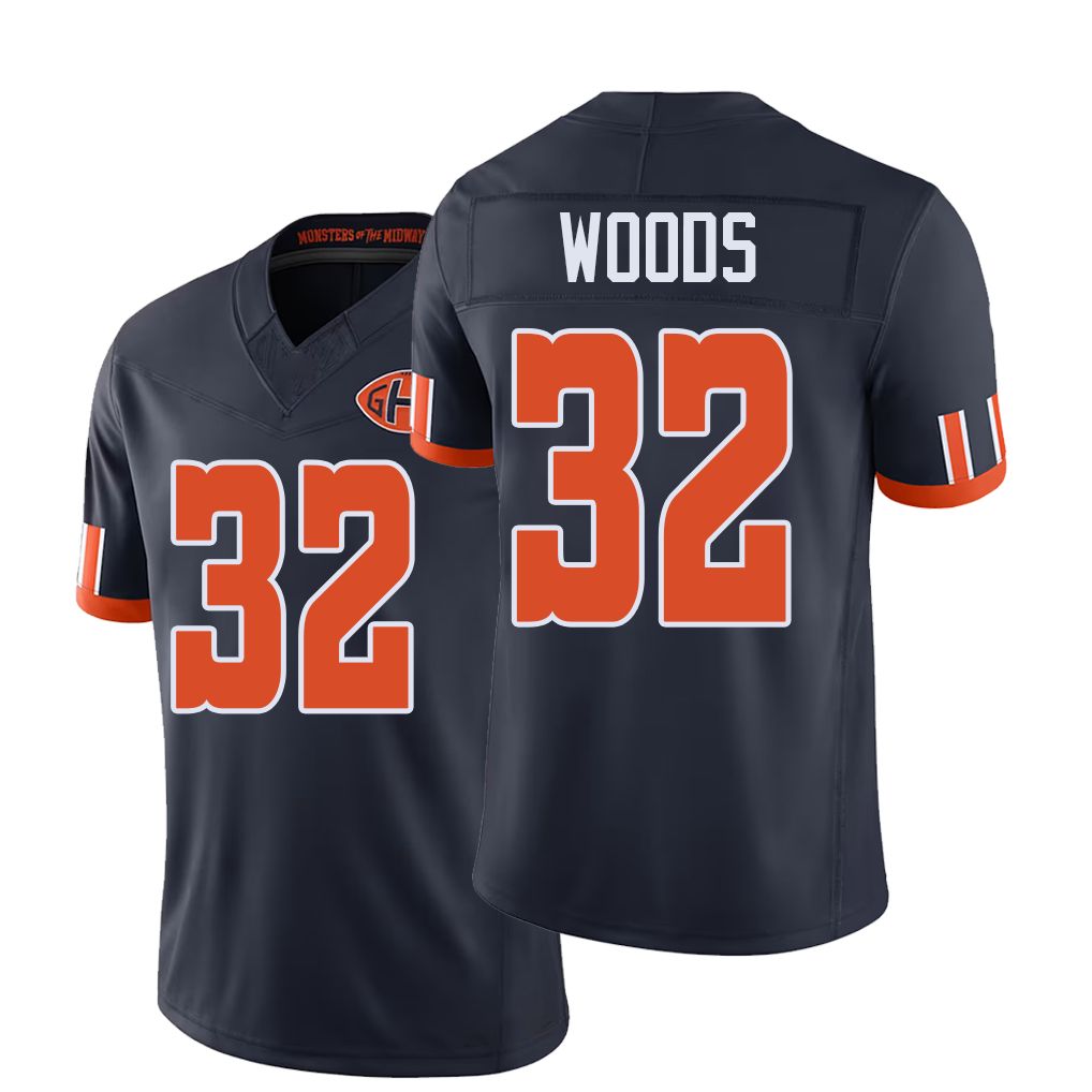 Chicago #32 Woods Football V Neck Short Sleeve Navy Jersey Xavier For Men Youth Women Gift