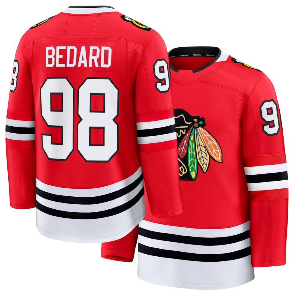 Mens Chicago #98 Bedard Player Ice hockey Long Sleeve Red Connor Jersey