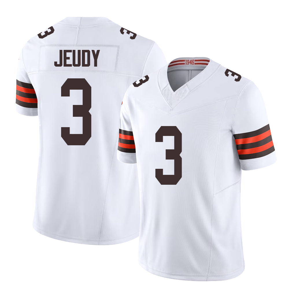 Cleveland #3 Jeudy Player Football V Neck Short Sleeve White Jersey Jerry For Men Youth Women Gift