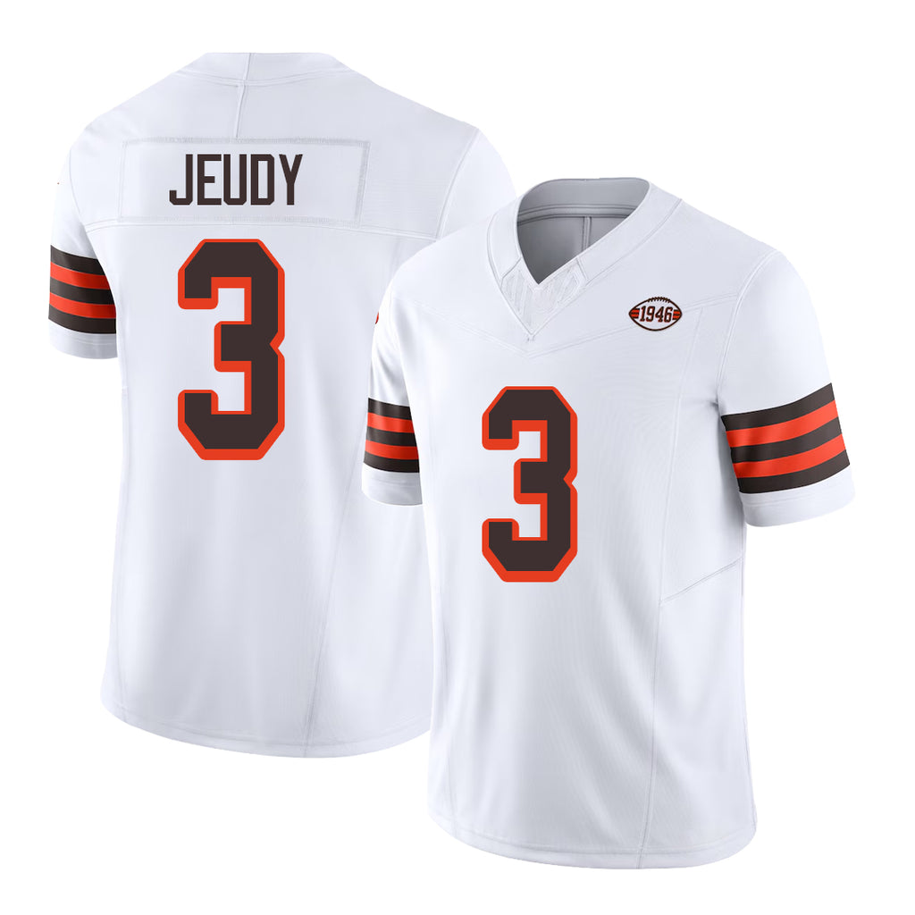 Cleveland #3 Jeudy Player Football V Neck Short Sleeve Jersey White Jerry For Men Youth Women Gift