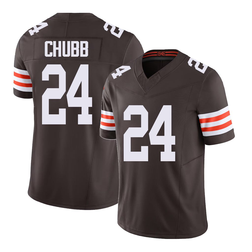 Cleveland #24 Chubb Player Football V Neck Short Sleeve Brown Jersey Nick For Men Youth Women Gift