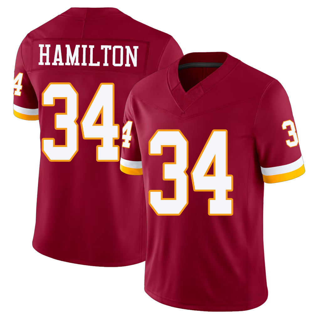 Washington #34 Hamilton Player Football V Neck Short Sleeve Red Jersey Antonio For Men Youth Women Gift