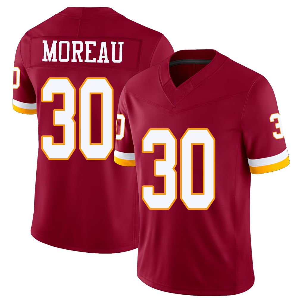 Washington #30 Moreau Player Football V Neck Short Sleeve Red Jersey Fabian For Men Youth Women Gift