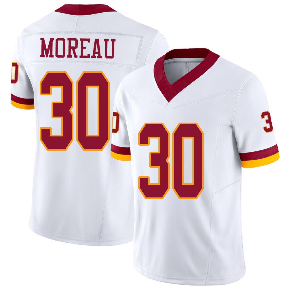 Washington #30 Moreau Player Football V Neck Short Sleeve White Jersey Fabian For Men Youth Women Gift