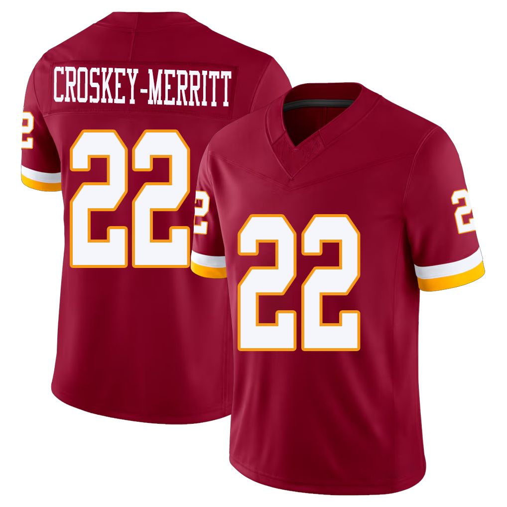 Washington #22 Croskey-Merritt Player Football V Neck Short Sleeve Red Jersey Jacory For Men Youth Women Gift