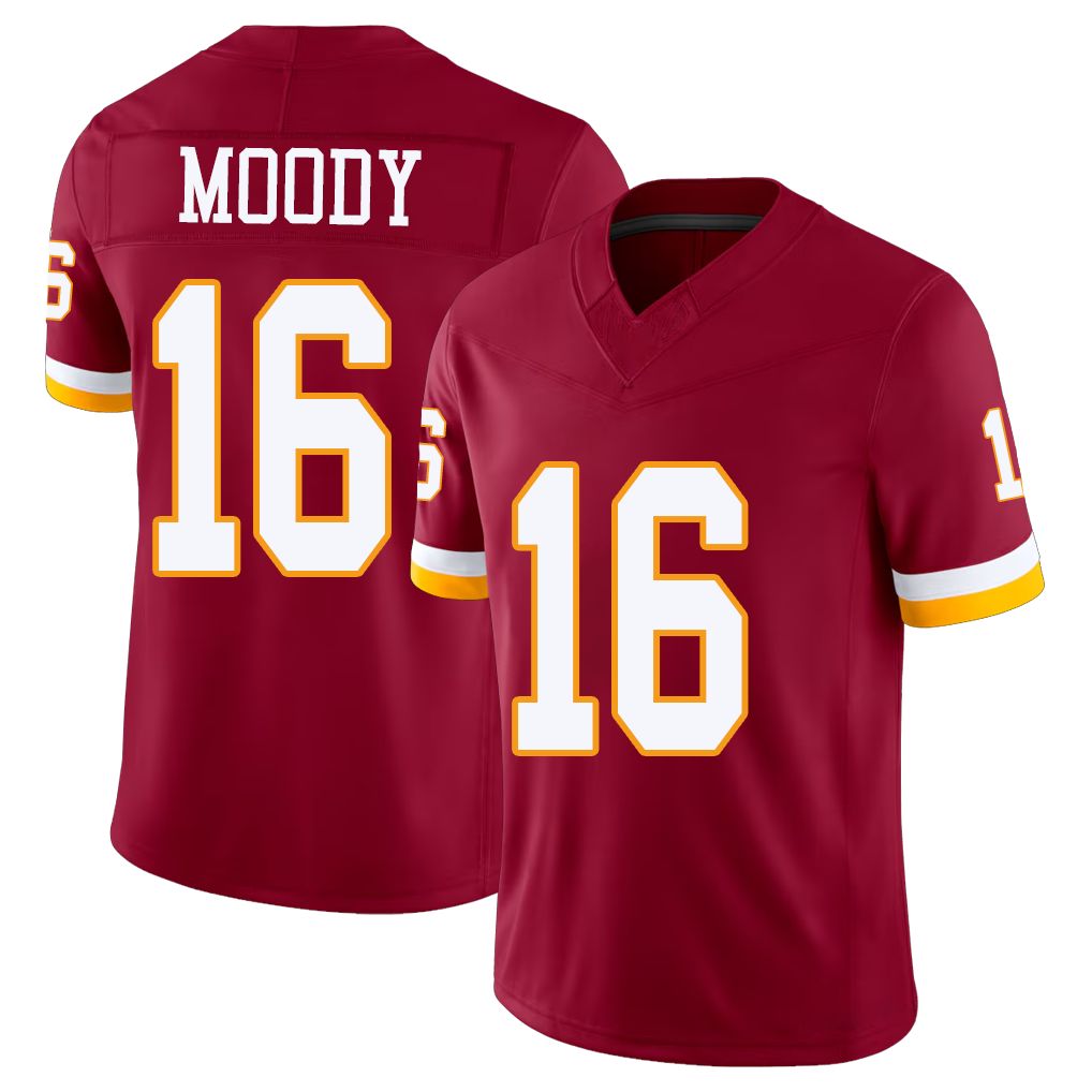 Washington #16 Moody Player Football V Neck Short Sleeve Red Jersey Jake For Men Youth Women Gift