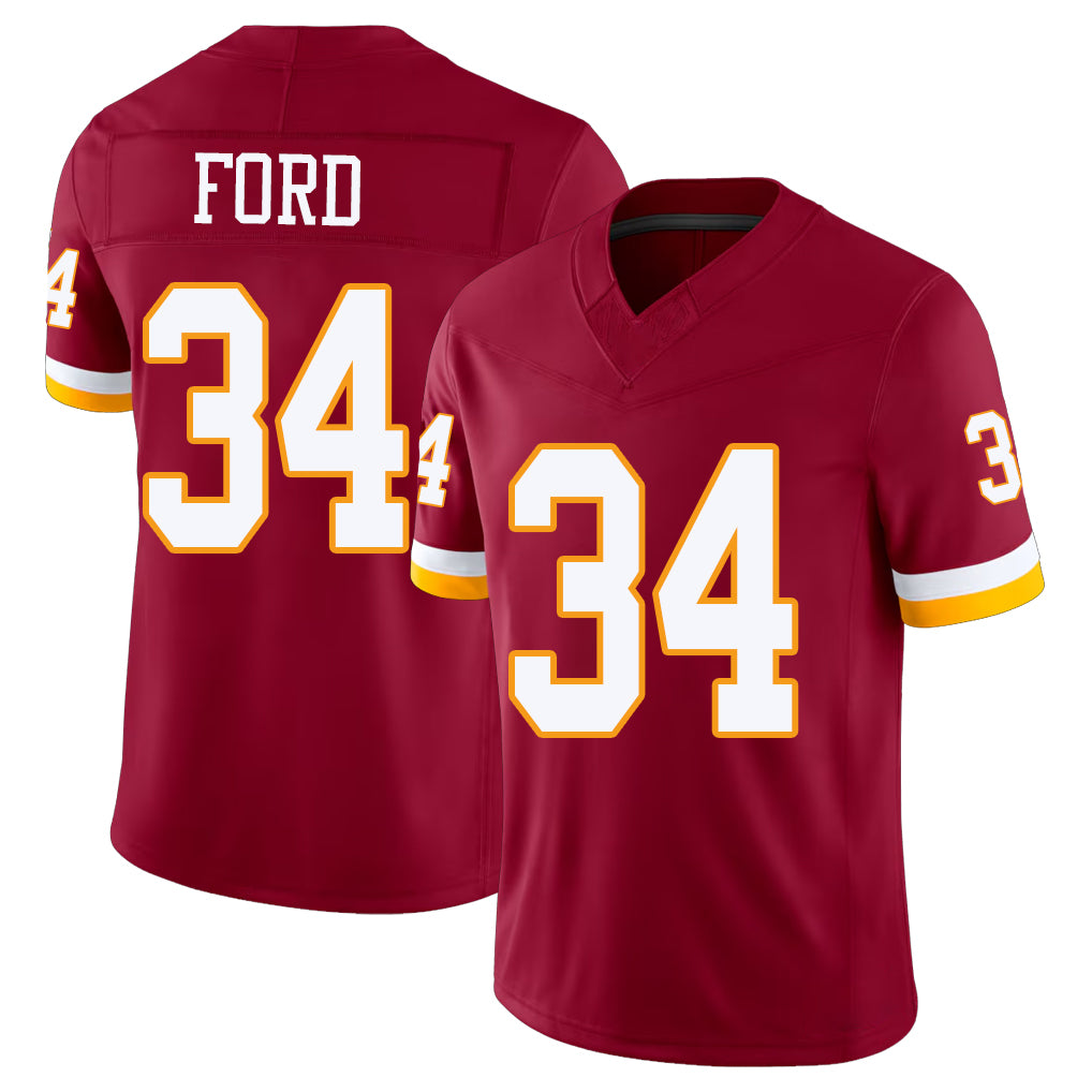 Washington #34 Ford Player Football V Neck Short Sleeve Red Jersey Jerome For Men Youth Women Gift