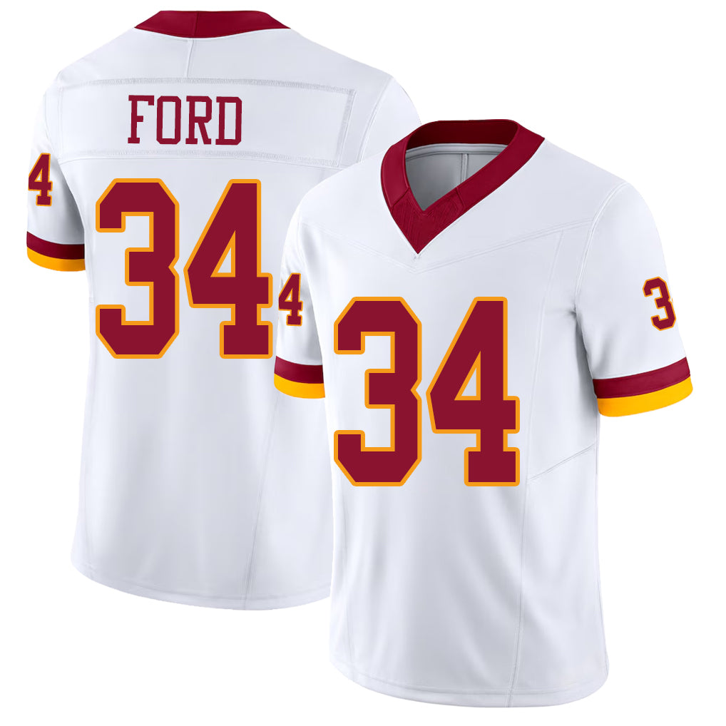 Washington #34 Ford Player Football V Neck Short Sleeve White Jersey Jerome For Men Youth Women Gift