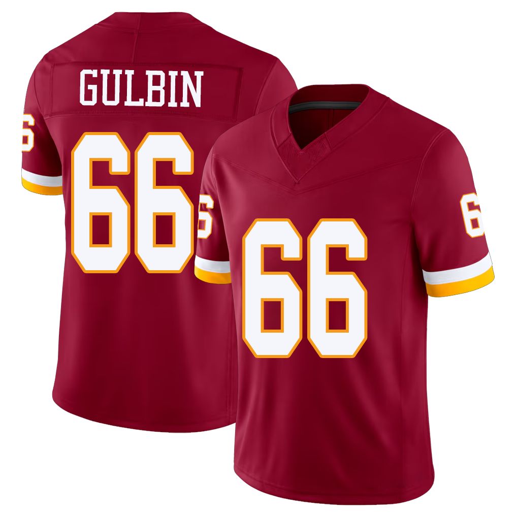 Washington #66 Gulbin Player Football V Neck Short Sleeve Red Jersey Matt For Men Youth Women Gift