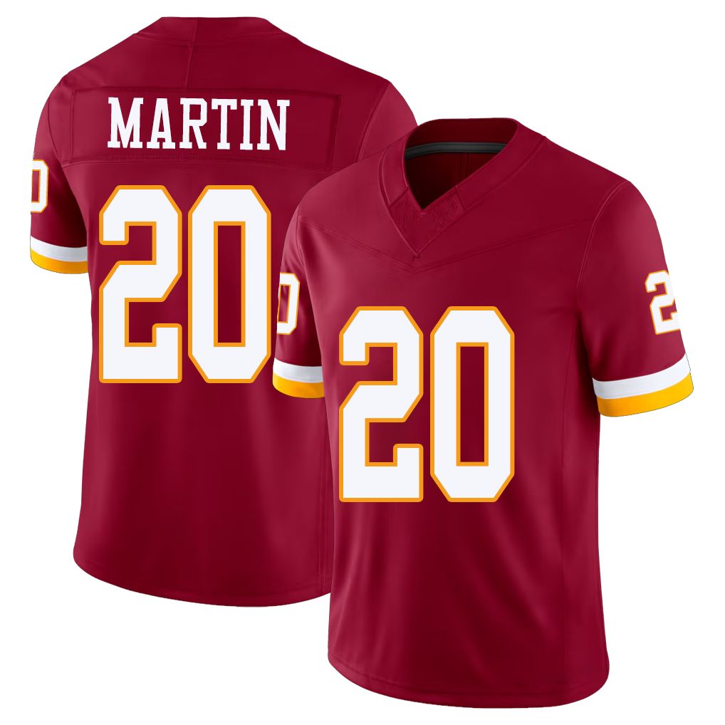 Washington #20 Martin Player Football V Neck Short Sleeve Red Jersey Quan For Men Youth Women Gift