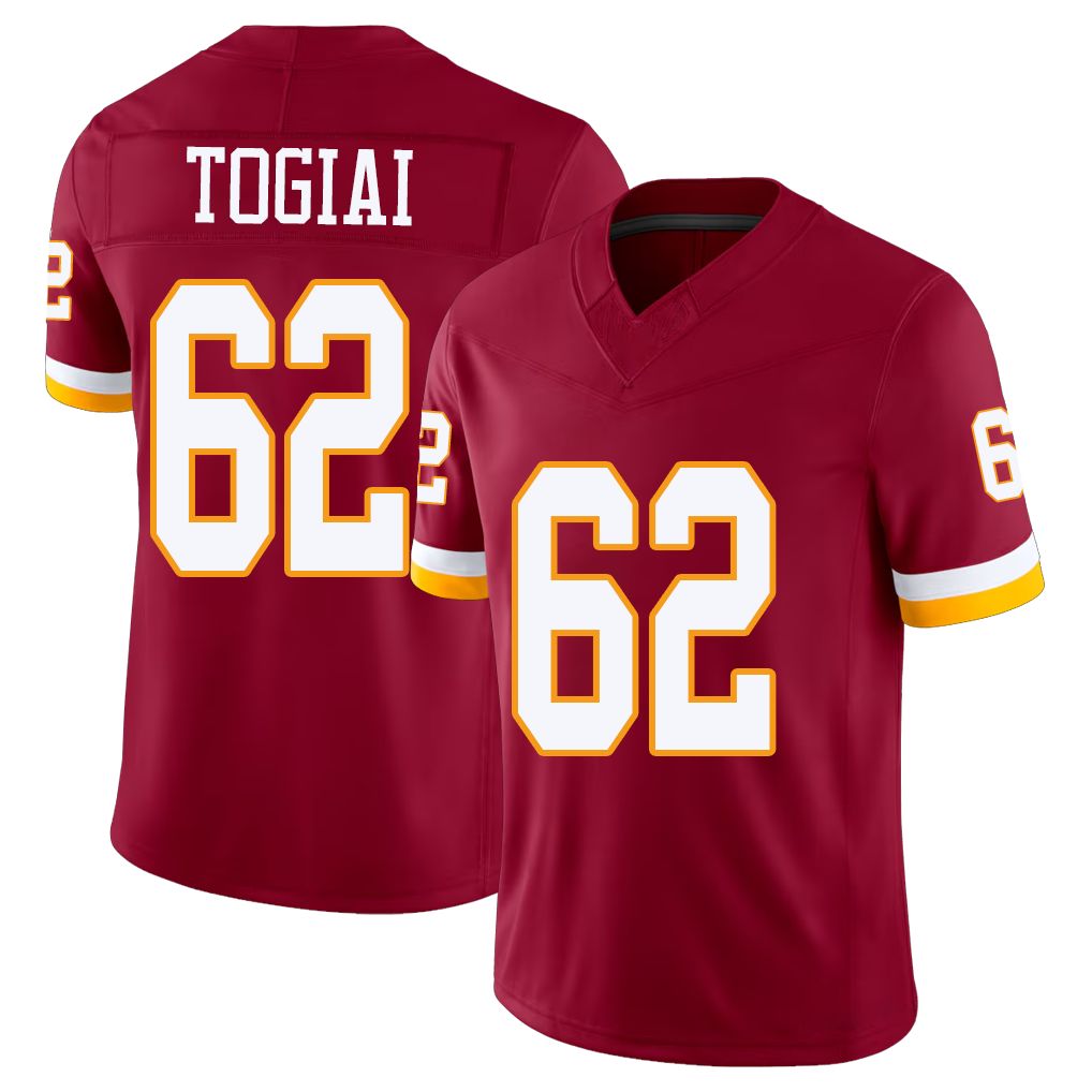 Washington #62 Togiai Player Football V Neck Short Sleeve Red Jersey Tanoa For Men Youth Women Gift