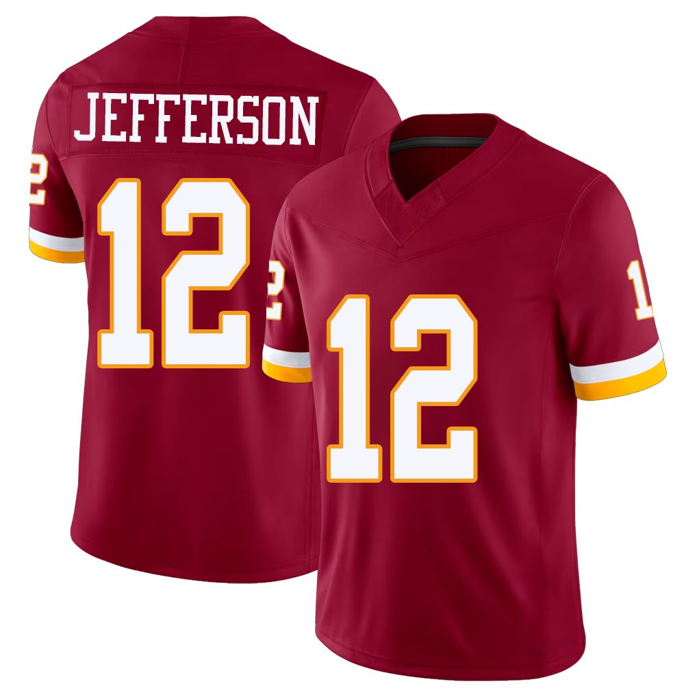 Washington #12 Jefferson Player Football V Neck Short Sleeve Red Jersey Van For Men Youth Women Gift