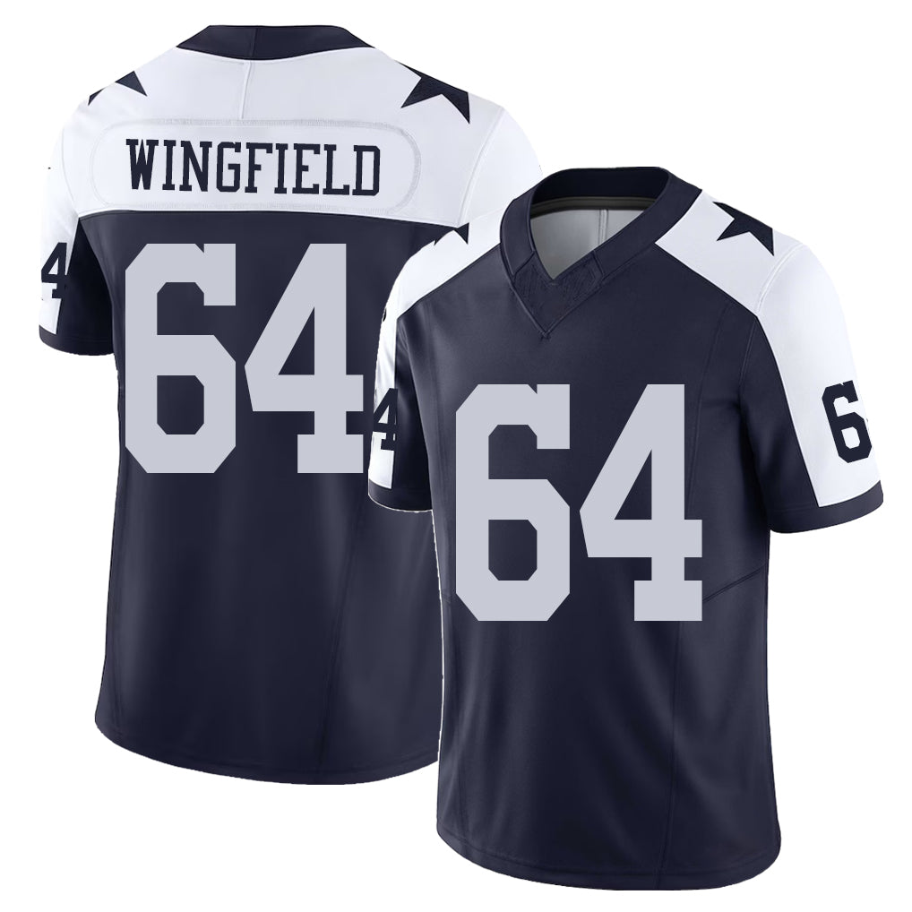 Dallas #64 Wingfield Player Football V Neck Short Sleeve Navy Jersey DJ For Men Youth Women Gift
