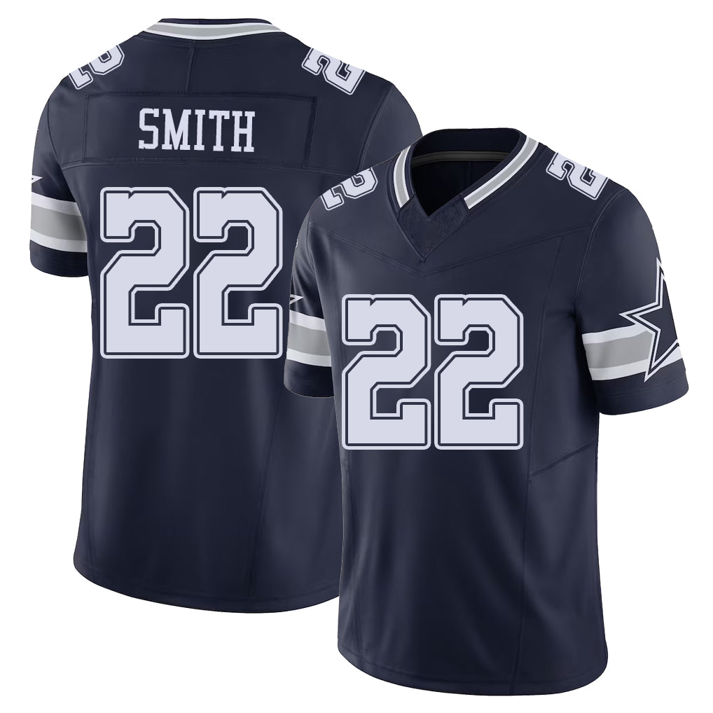 Dallas #22 Smith Player Football V Neck Short Sleeve Navy Jersey Emmitt For Men Youth Women Gift
