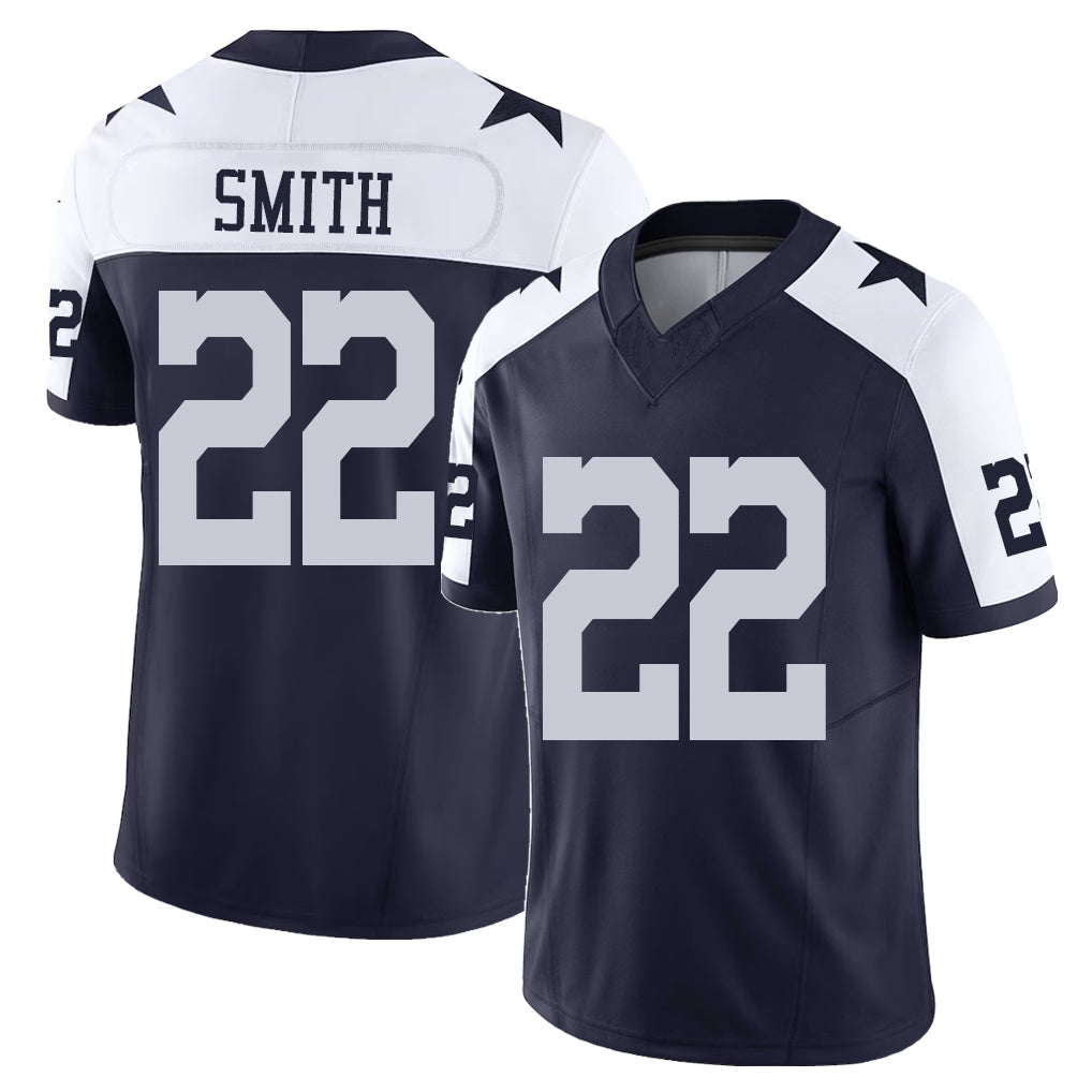 Dallas #22 Smith Player Football V Neck Short Sleeve Navy Jersey Emmitt For Men Youth Women Gift
