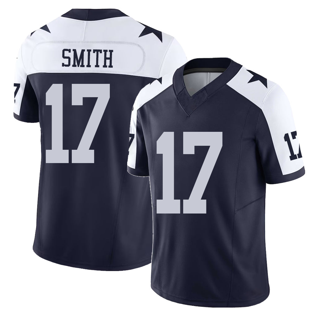 Dallas #17 Smith Player Football V Neck Short Sleeve Navy Jersey Jaden For Men Youth Women Gift