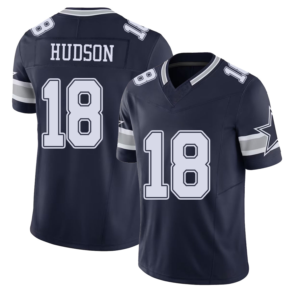 Dallas #18 Hudson Player Football V Neck Short Sleeve Navy Jersey Jordan For Men Youth Women Gift