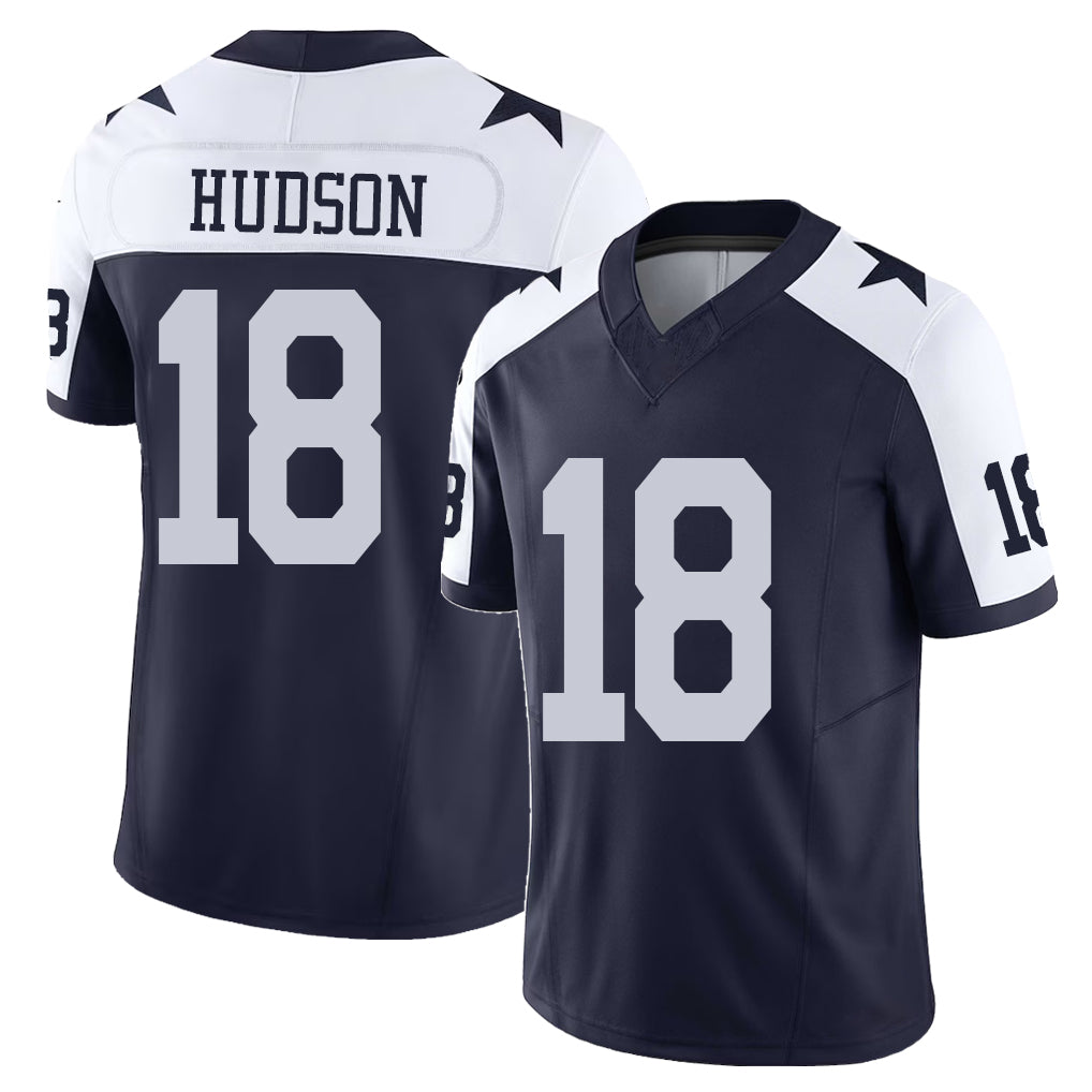 Dallas #18 Hudson Player Football V Neck Short Sleeve Navy Jersey Jordan For Men Youth Women Gift