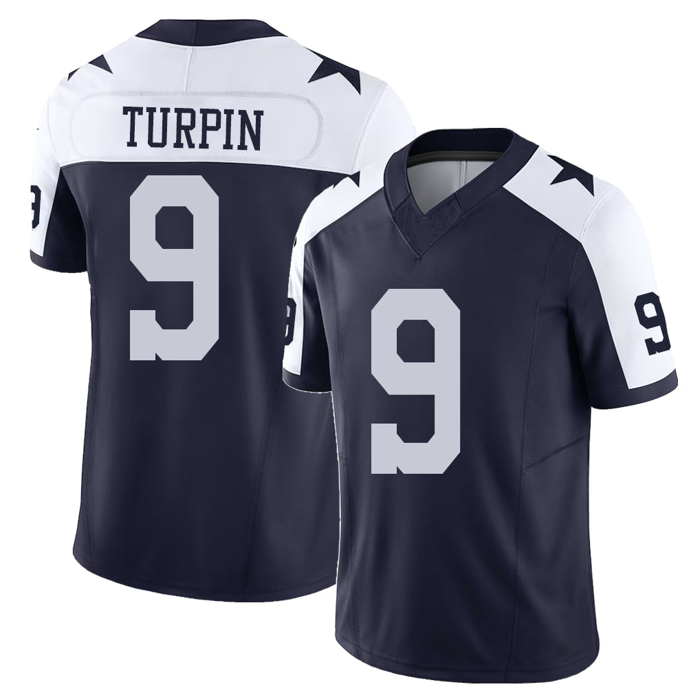 Dallas #9 Turpin Player Football V Neck Short Sleeve Navy Jersey KaVontae For Men Youth Women Gift