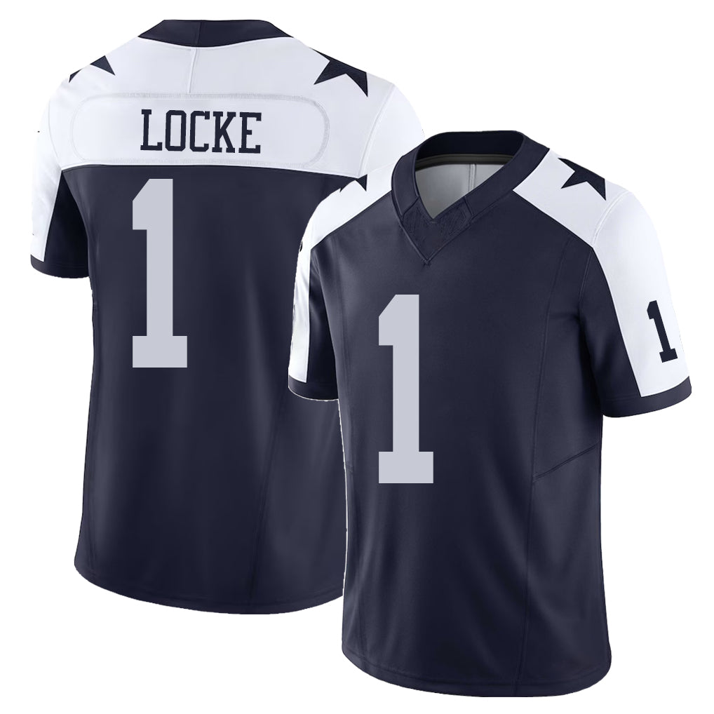 Dallas #1 Locke Player Football V Neck Short Sleeve Jersey Navy P.J. For Men Youth Women Gift