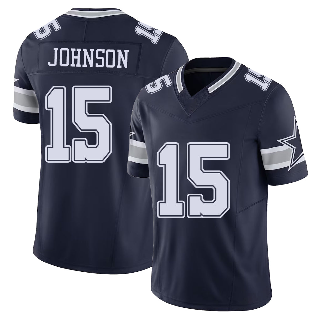 Dallas #15 Johnson Player Football V Neck Short Sleeve Navy Jersey Tyler For Men Youth Women Gift
