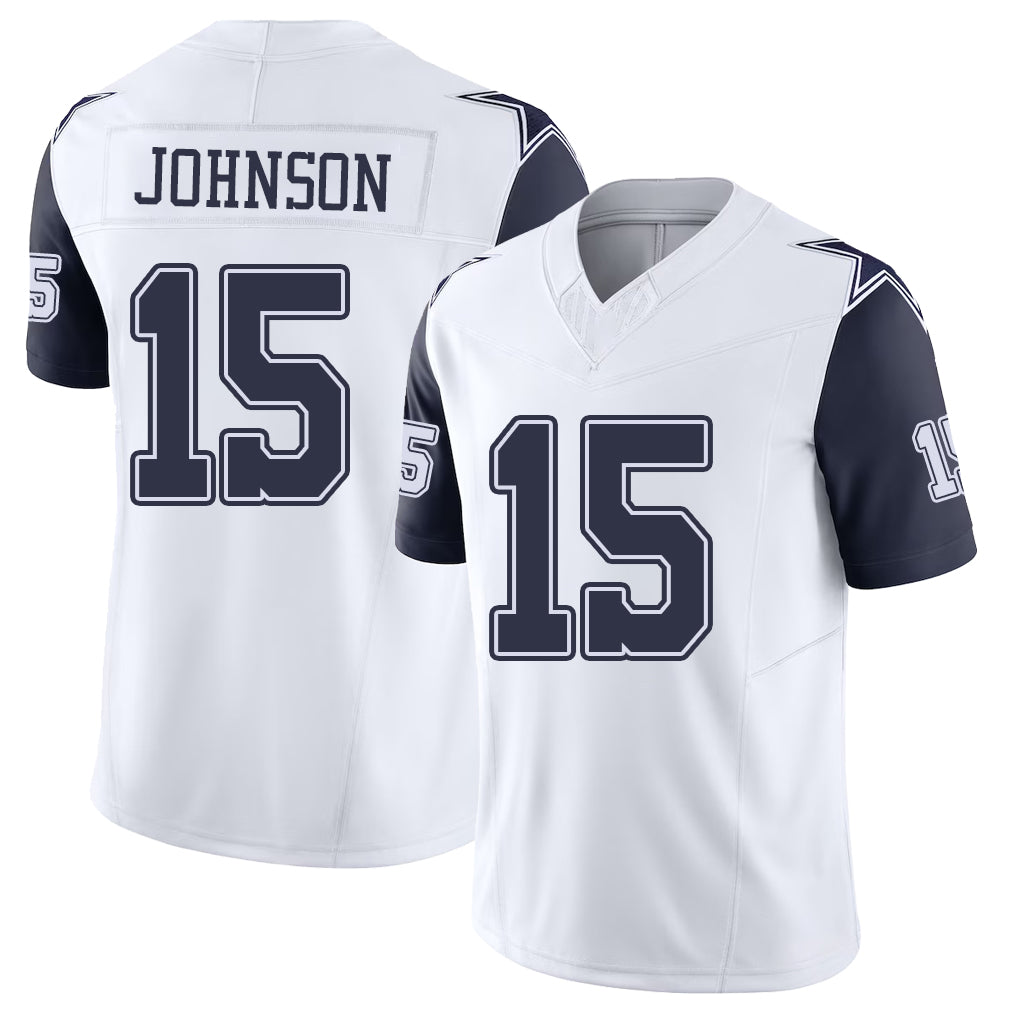 Dallas #15 Johnson Player Football V Neck Short Sleeve Jersey White Tyler For Men Youth Women Gift