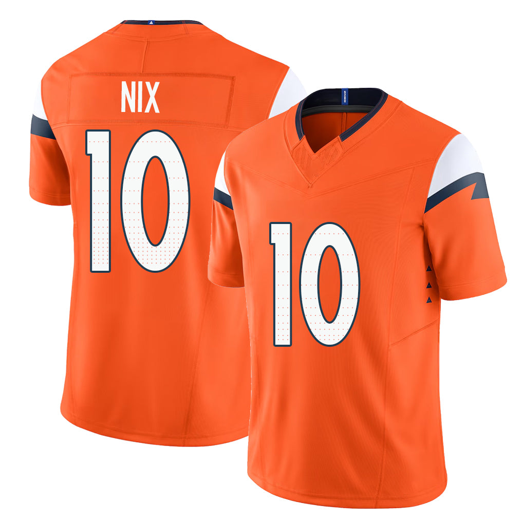 Denver #10 Nix Player Football V Neck Short Sleeve Jersey Orange Bo For Men Youth Women Gift