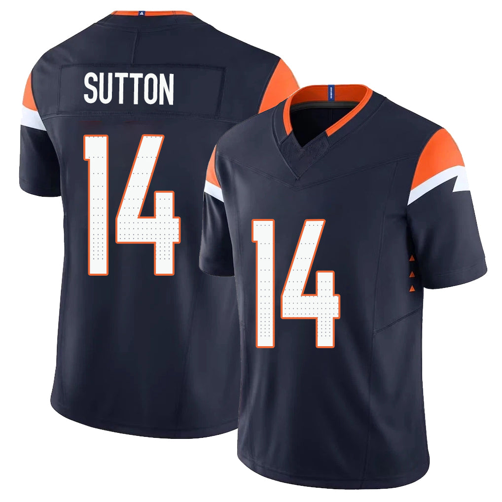 Denver #14 Sutton Player Football V Neck Short Sleeve Navy Jersey Courtland For Men Youth Women Gift
