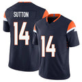 Denver #14 Sutton Player Football V Neck Short Sleeve Navy Jersey Courtland For Men Youth Women Gift