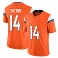 Denver #14 Sutton Player Football V Neck Short Sleeve Jersey Orange Courtland For Men Youth Women Gift