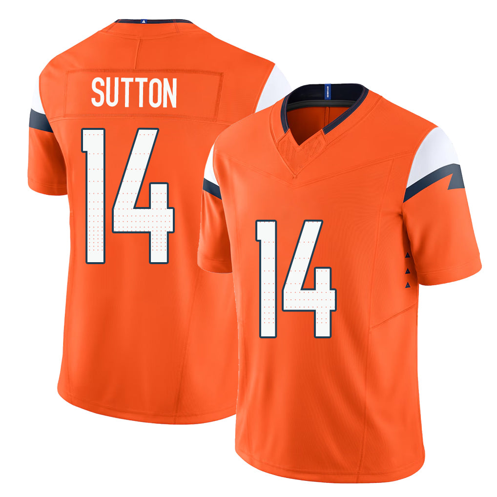 Denver #14 Sutton Player Football V Neck Short Sleeve Jersey Orange Courtland For Men Youth Women Gift