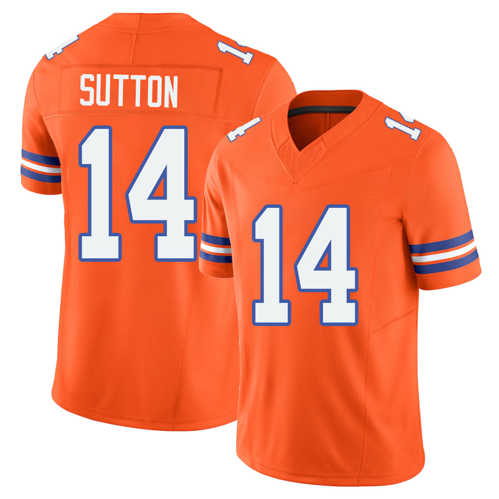 Denver #14 Sutton Player Football V Neck Short Sleeve Orange Jersey Courtland For Men Youth Women Gift