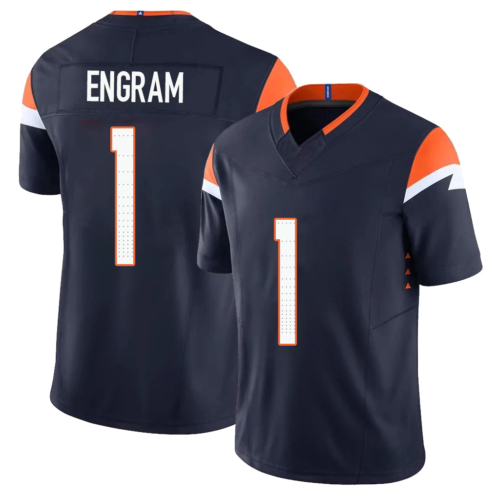 Denver #1 Engram Player Football V Neck Short Sleeve Navy Jersey Evan For Men Youth Women Gift