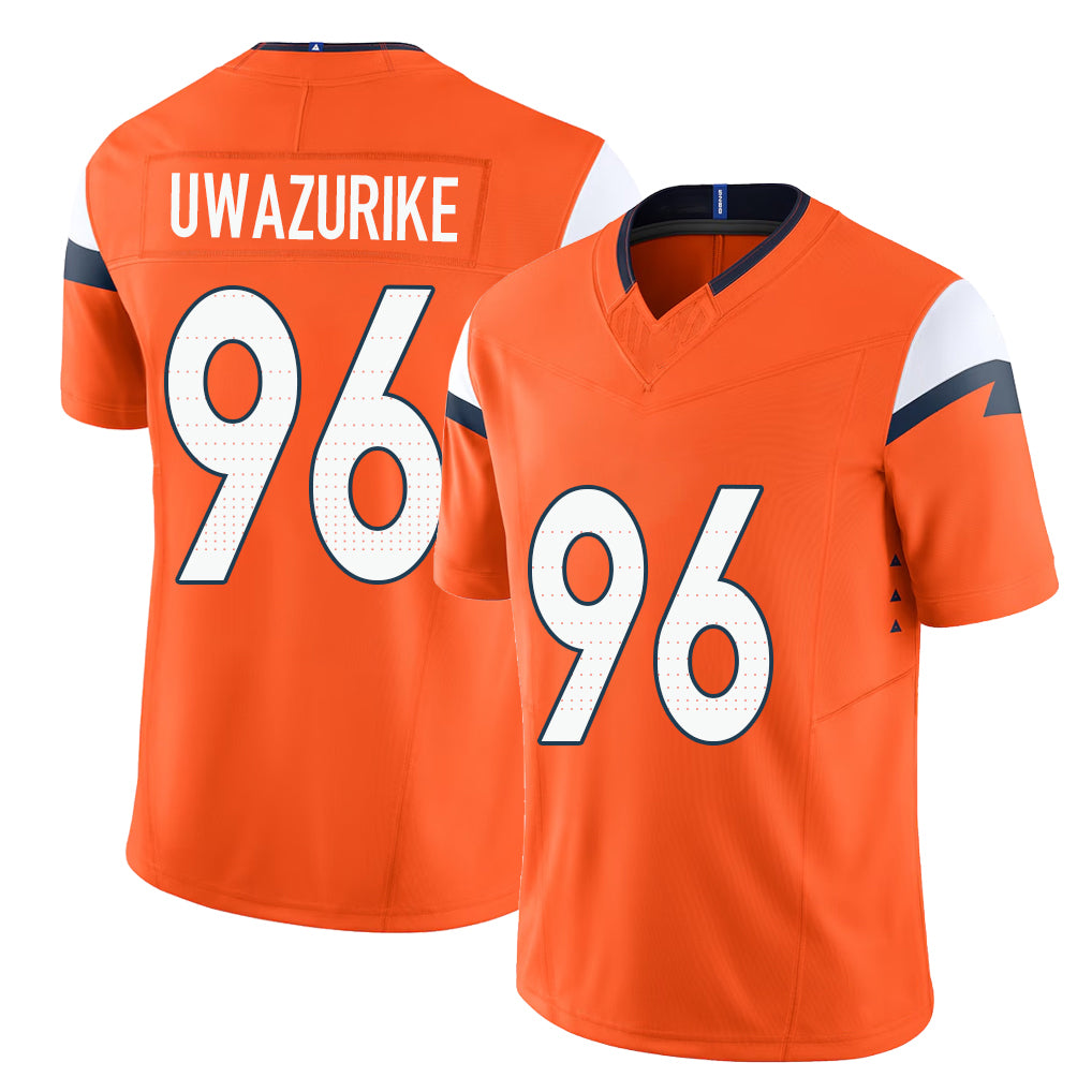 Denver #96 Uwazurike Player Football V Neck Short Sleeve Jersey Orange Eyioma For Men Youth Women Gift