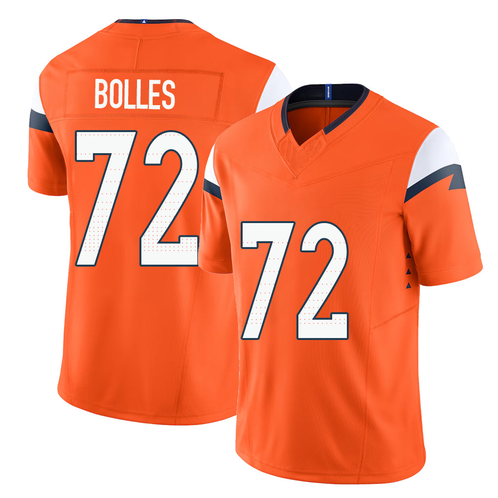 Denver #72 Bolles Player Football V Neck Short Sleeve Jersey Orange Garett For Men Youth Women Gift