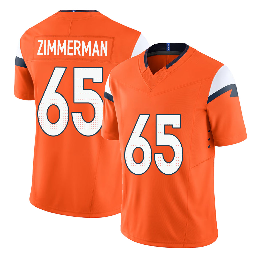 Denver #65 Zimmerman Player Football V Neck Short Sleeve Jersey Orange Gary For Men Youth Women Gift
