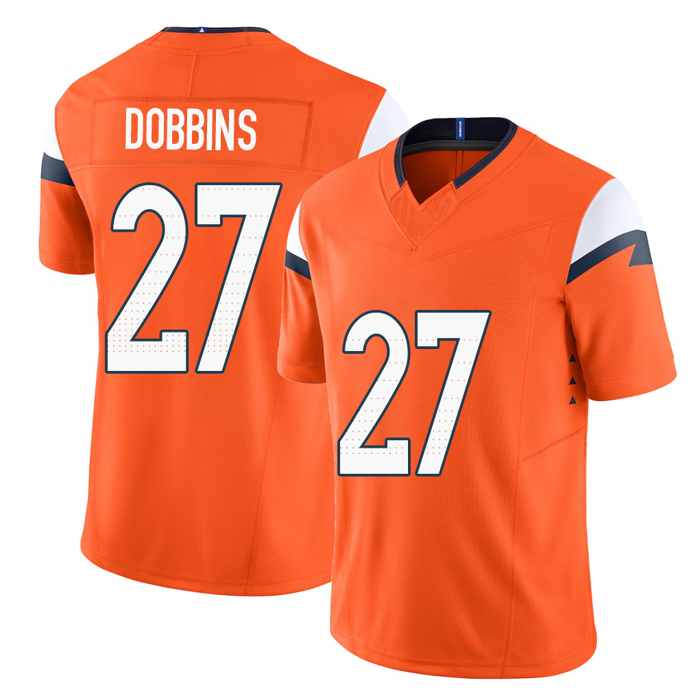 Denver #27 Dobbins Player Football V Neck Short Sleeve Jersey Orange J.K. For Men Youth Women Gift