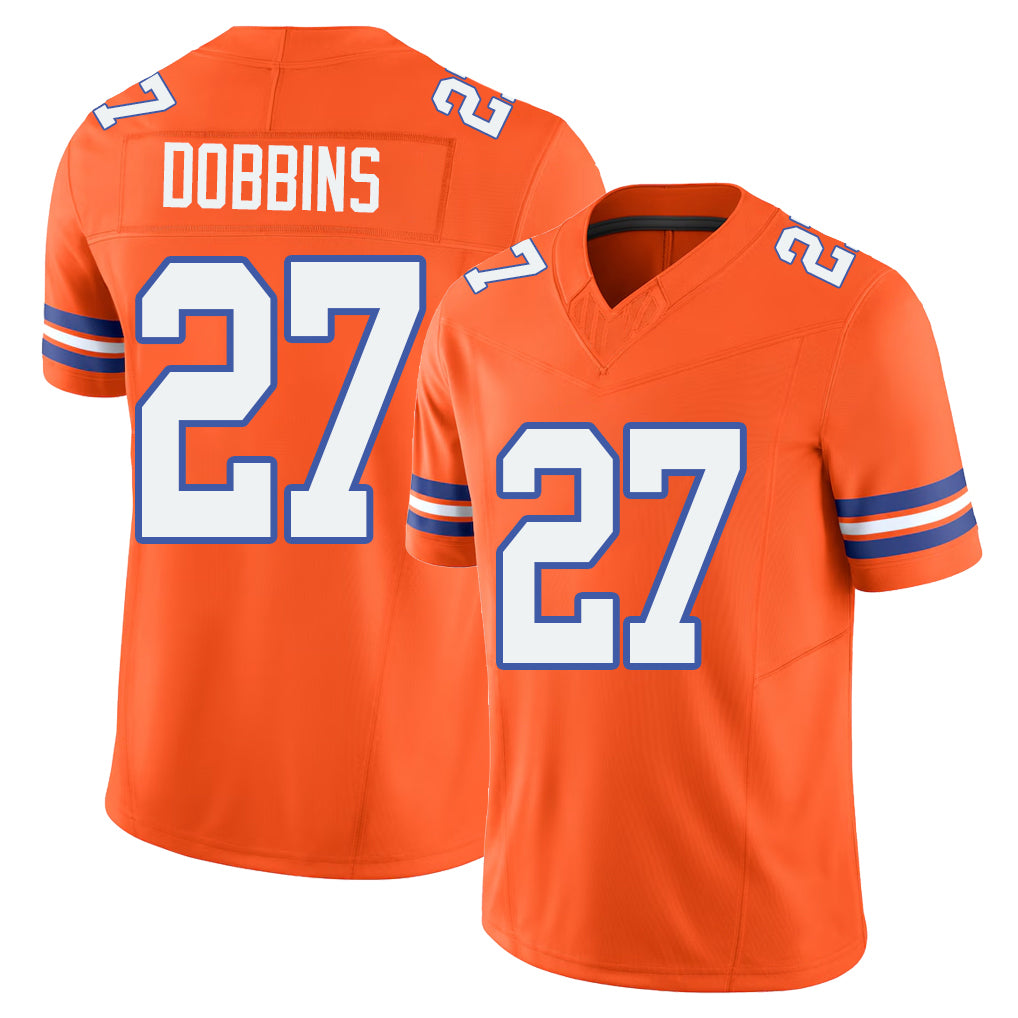 Denver #27 Dobbins Player Football V Neck Short Sleeve Orange Jersey J.K. For Men Youth Women Gift