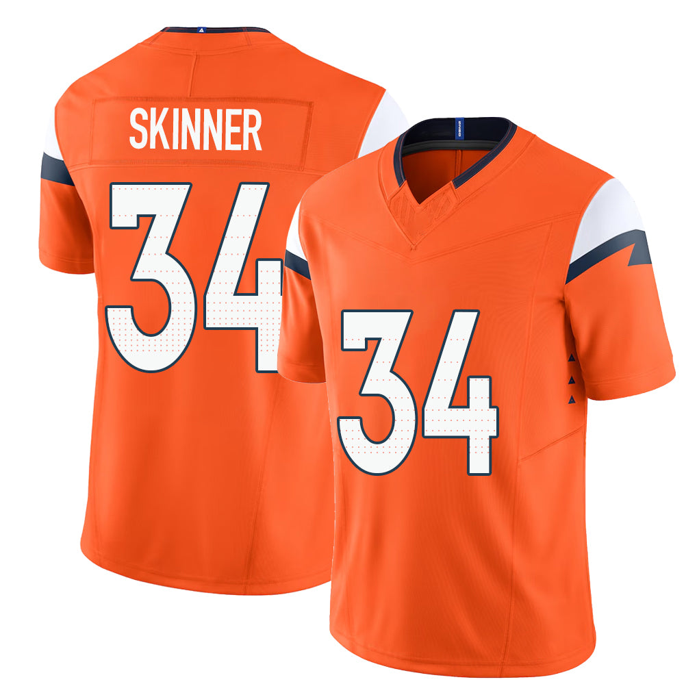Denver #34 Skinner Player Football V Neck Short Sleeve Jersey Orange JL For Men Youth Women Gift