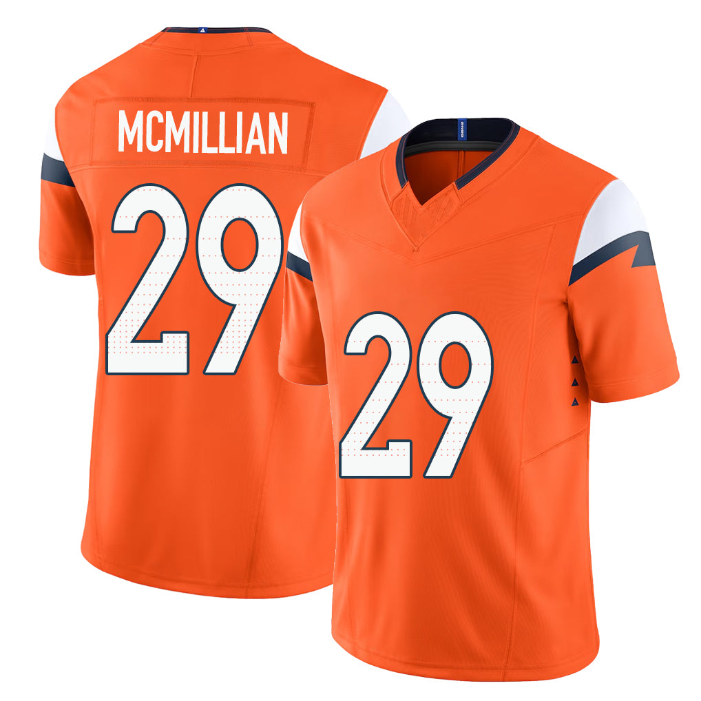 Denver #29 McMillian Player Football V Neck Short Sleeve Jersey Orange Ja'Quan For Men Youth Women Gift