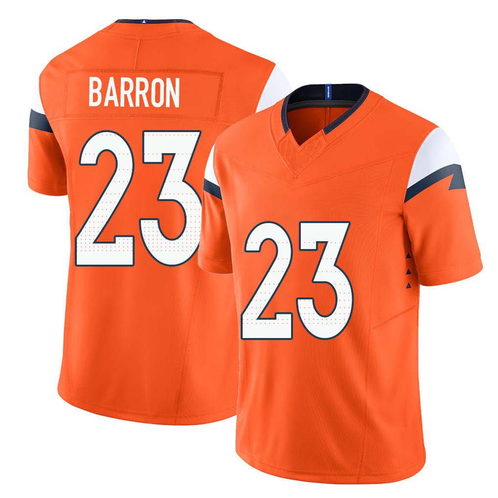 Denver #23 Barron Player Football V Neck Short Sleeve Jersey Orange Jahdae For Men Youth Women Gift