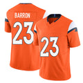 Denver #23 Barron Player Football V Neck Short Sleeve Jersey Orange Jahdae For Men Youth Women Gift