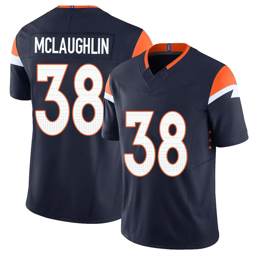 Denver #38 McLaughlin Player Football V Neck Short Sleeve Navy Jersey Jaleel For Men Youth Women Gift