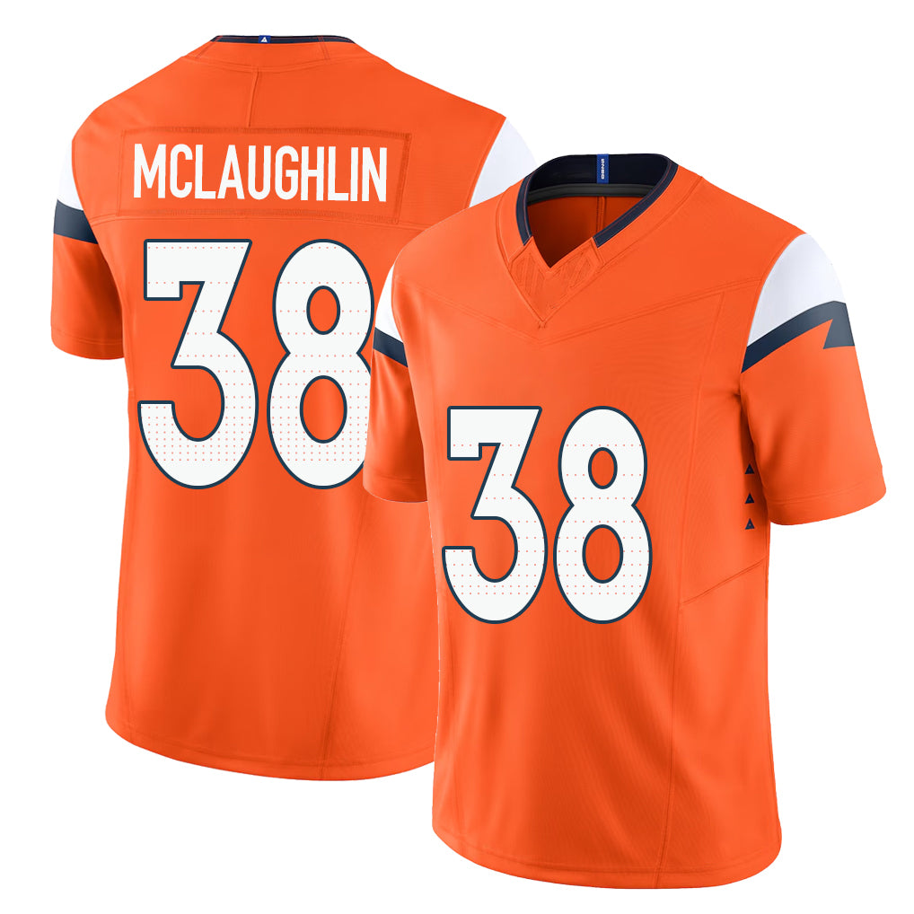 Denver #38 McLaughlin Player Football V Neck Short Sleeve Jersey Orange Jaleel For Men Youth Women Gift