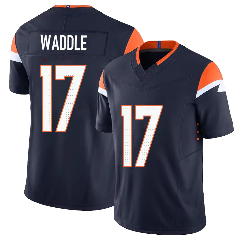 Denver #17 Waddle Player Football V Neck Short Sleeve Navy Jersey Jaylen For Men Youth Women Gift
