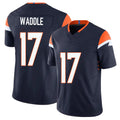 Denver #17 Waddle Player Football V Neck Short Sleeve Navy Jersey Jaylen For Men Youth Women Gift