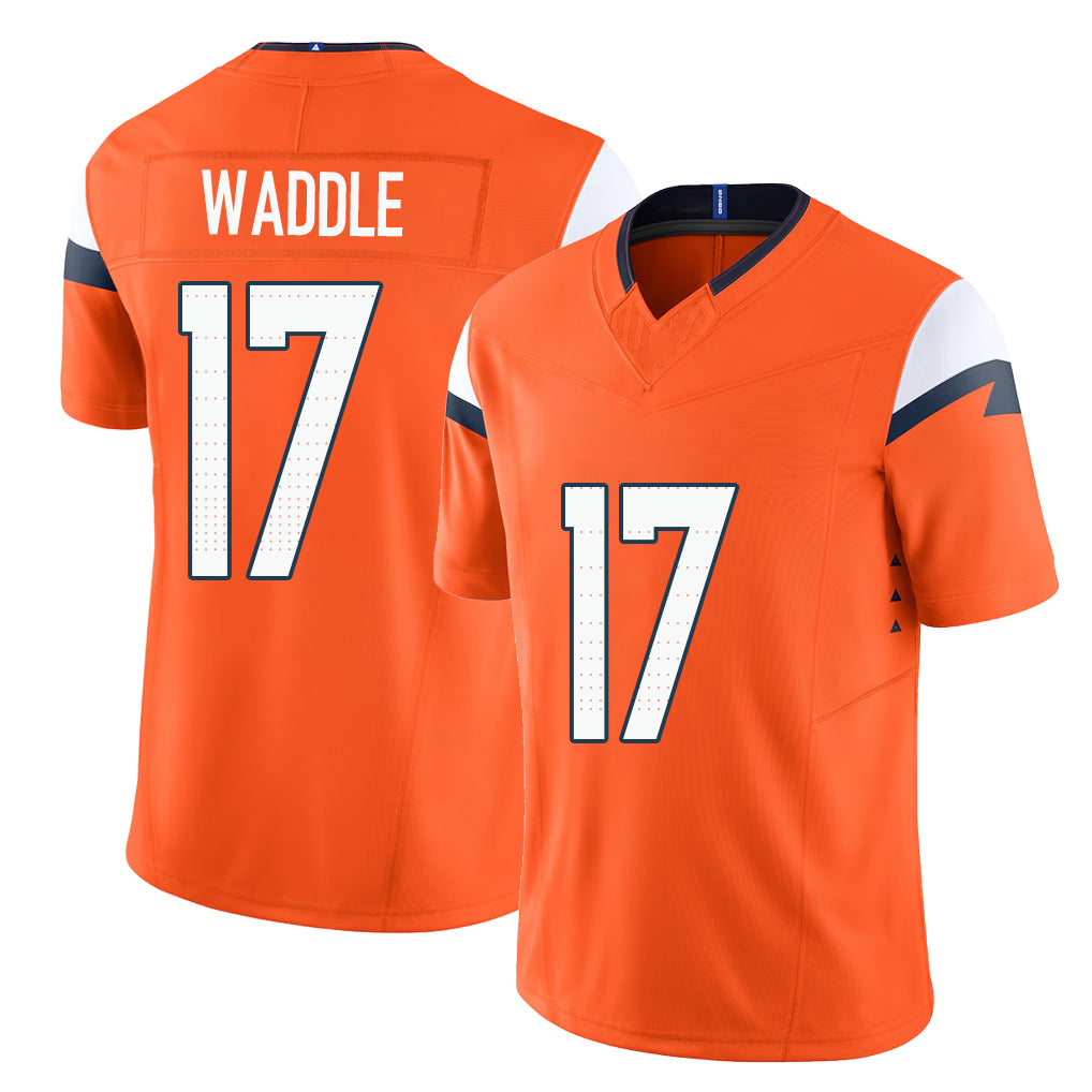 Denver #17 Waddle Player Football V Neck Short Sleeve Jersey Orange Jaylen For Men Youth Women Gift