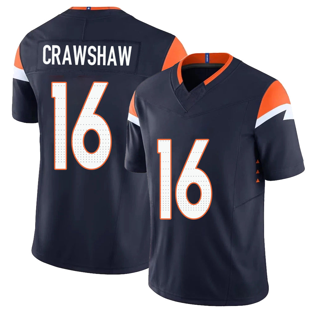 Denver #16 Crawshaw Player Football V Neck Short Sleeve Navy Jersey Jeremy For Men Youth Women Gift
