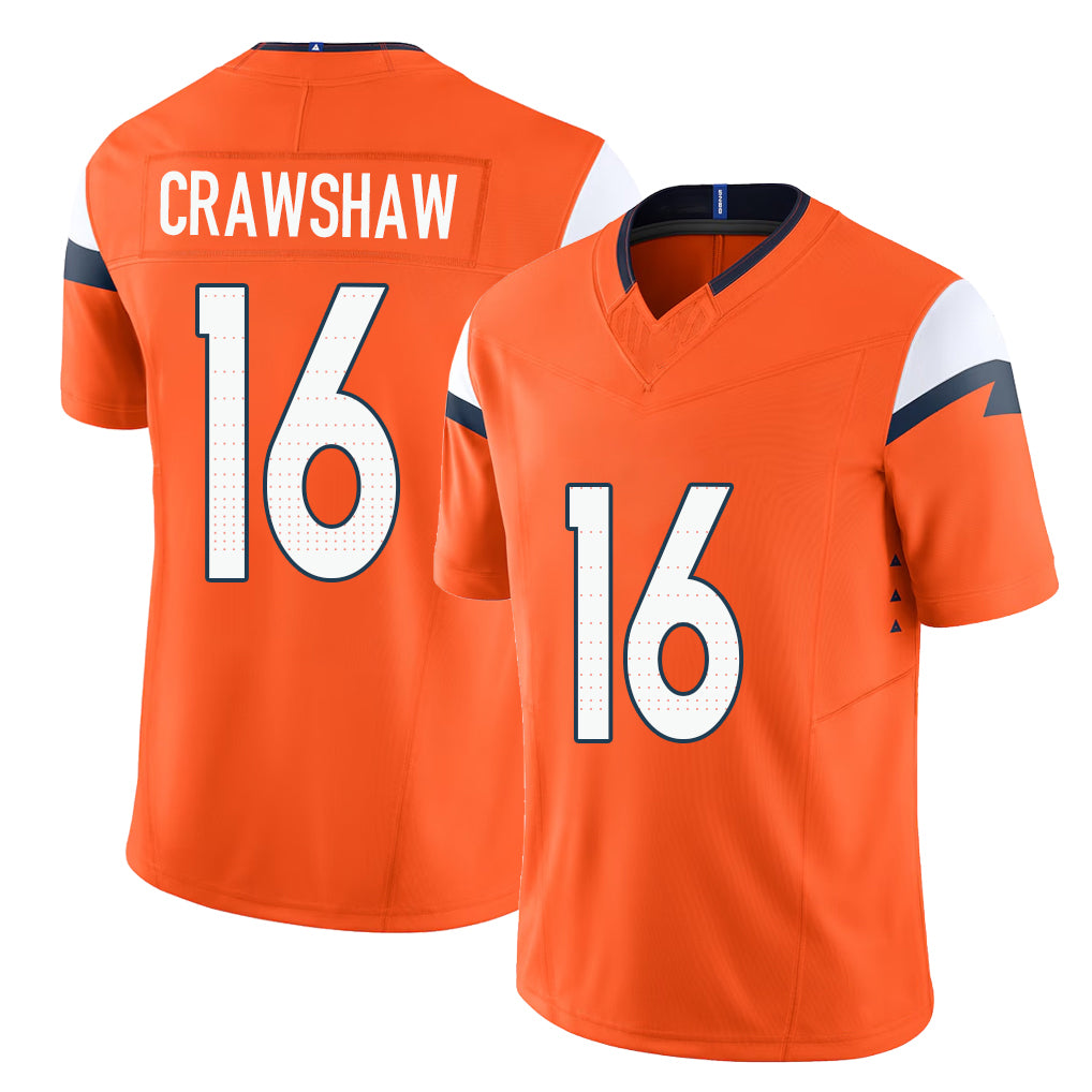 Denver #16 Crawshaw Player Football V Neck Short Sleeve Jersey Orange Jeremy For Men Youth Women Gift