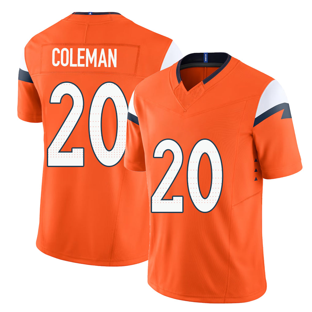 Denver #20 Coleman Player Football V Neck Short Sleeve Jersey Orange Jonah For Men Youth Women Gift